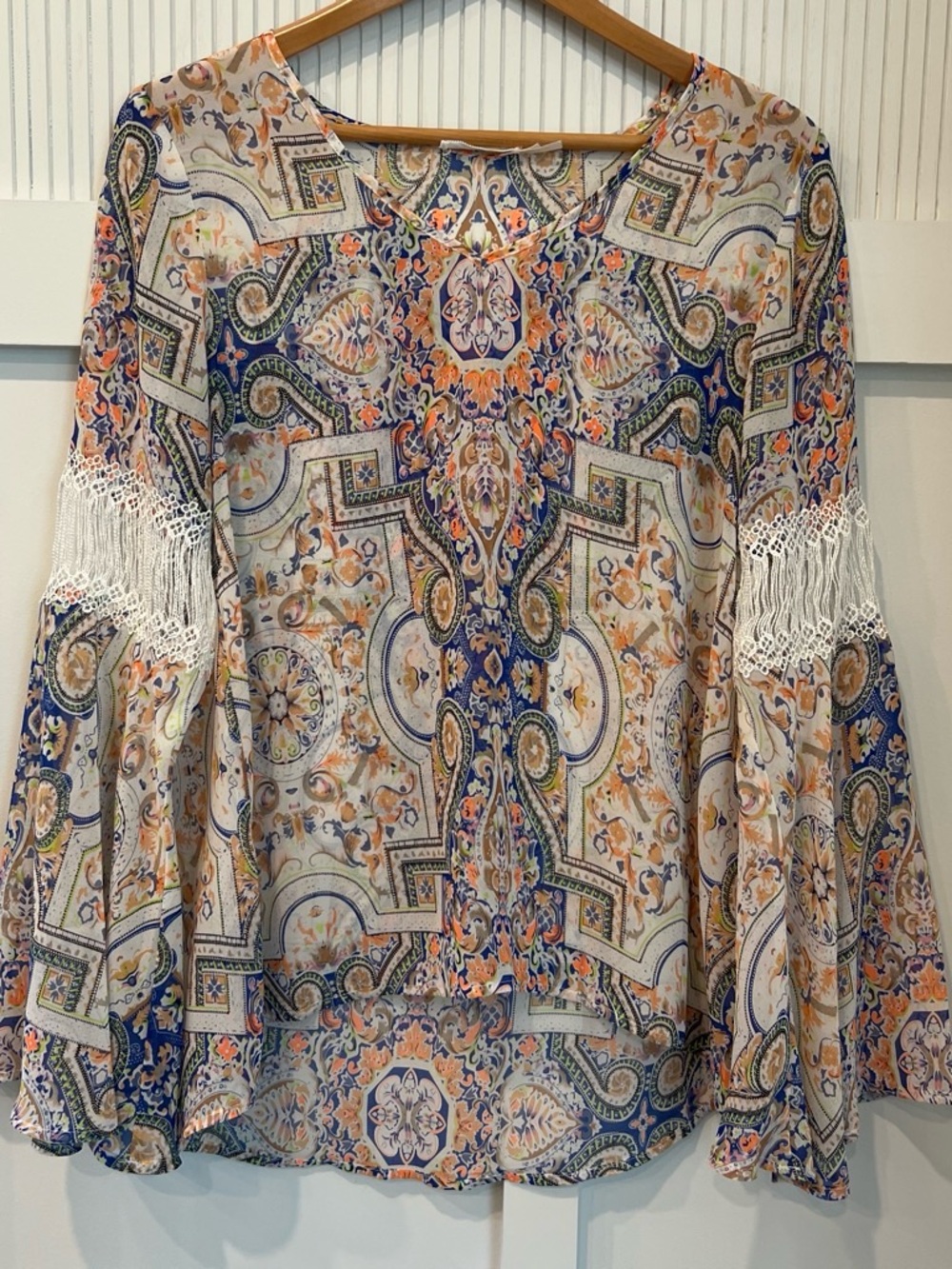 Blu Pepper Paisley Medallion Bell-Sleeve Blouse in Navy, Cream & Orange